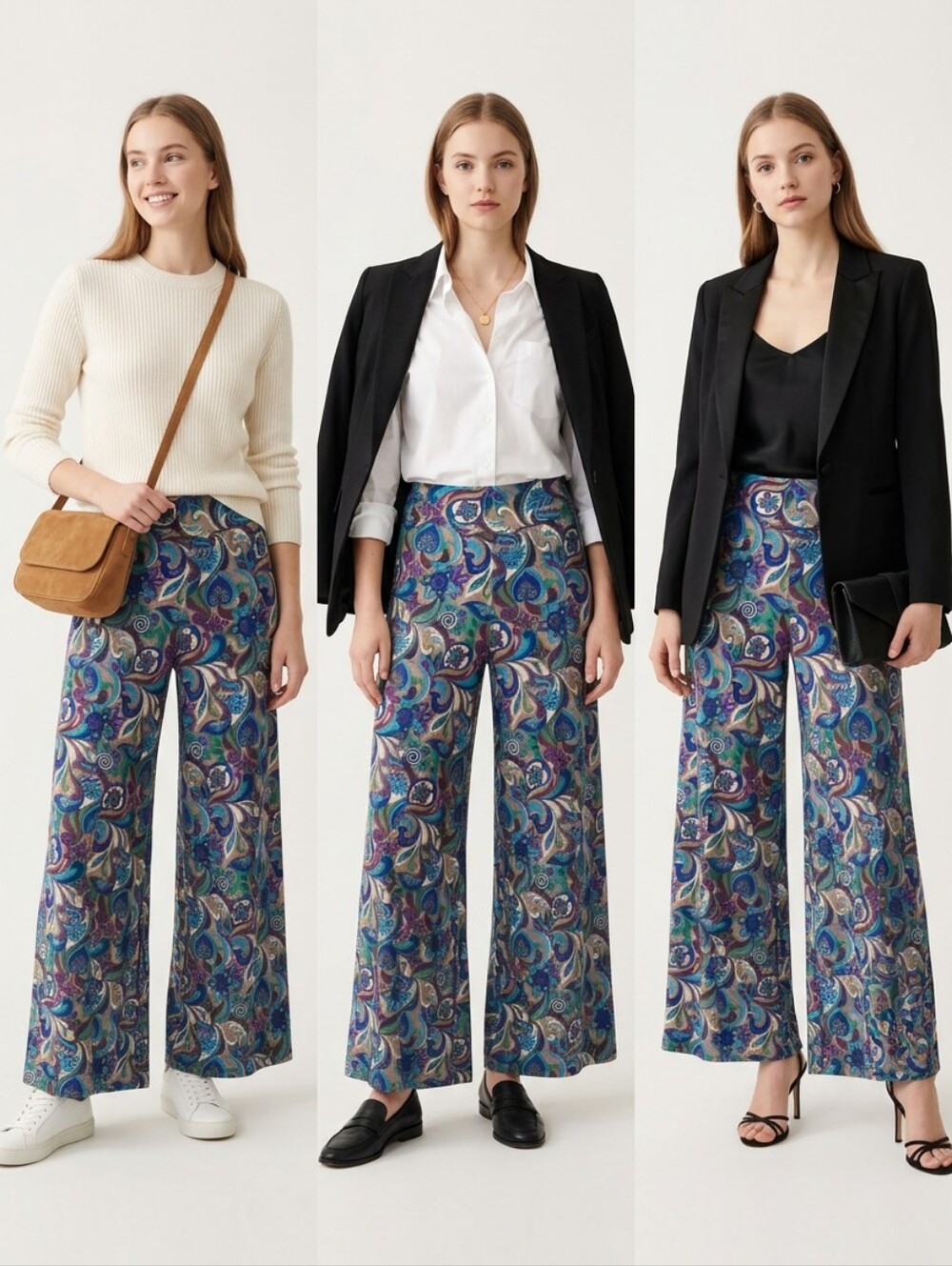 Wide Leg Draped Pants in Blue Multi Floral Print
